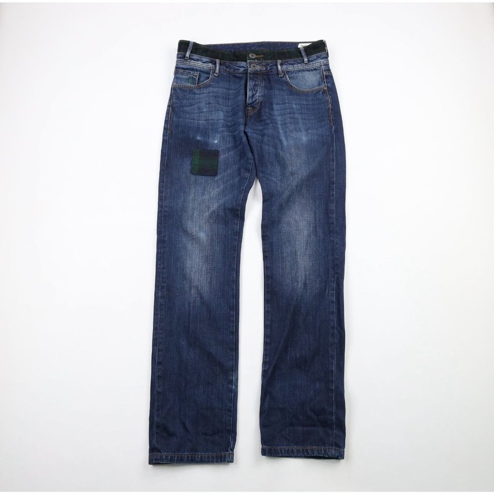 Desigual Mens 32x36 Distressed Plaid Patch Straight Leg Denim Jeans Pants Blue